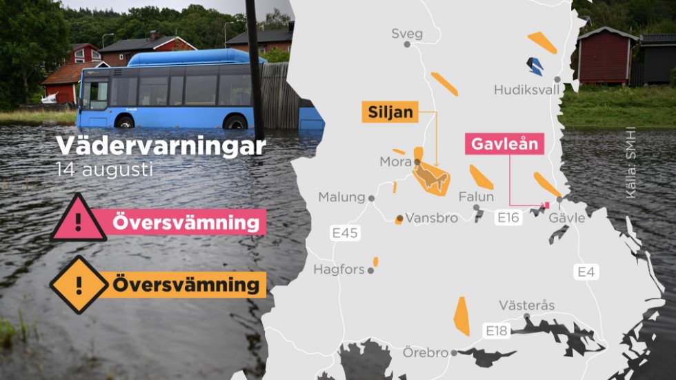 SMHI:s varningar för översvämningar måndagen den 14 augusti.