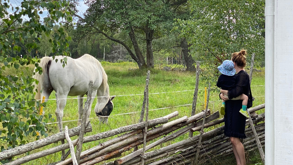 Insändarskribenten tillsammans med sin dotter på familjens gård utanför Tuna. "Här står jag, inte på något sätt unik i flyktingströmmen från storstadsregionerna till landsbygden."