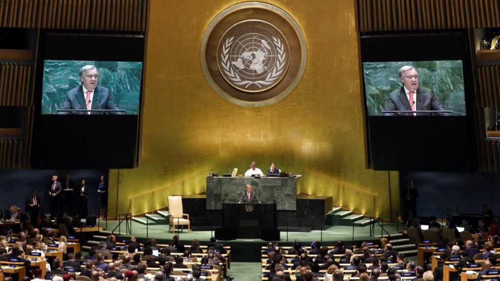 FN:s generalsekreterare António Guterres talar vid öppningen av generalförsamlingen i fjol.