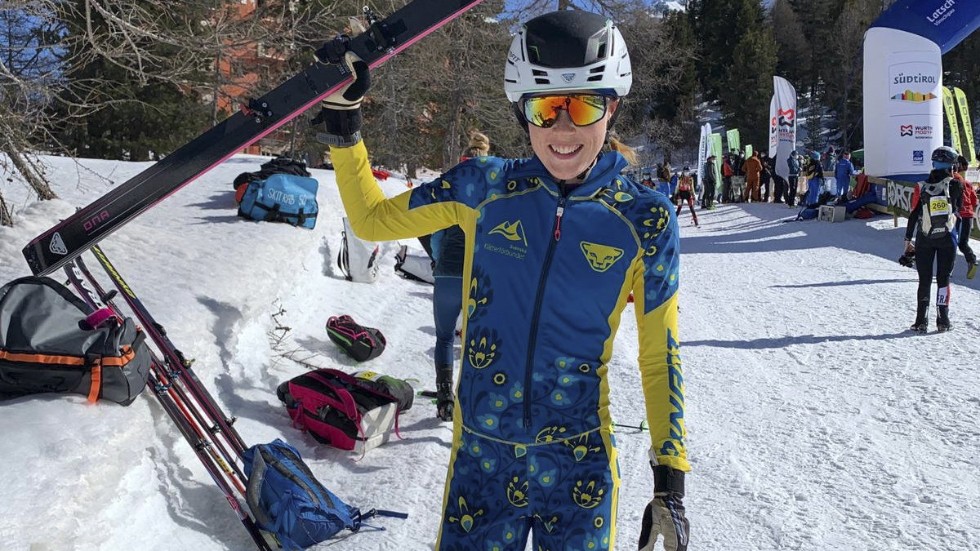 Tove Alexandersson vid ett världscuplopp i skidalpinism. Arkivbild.