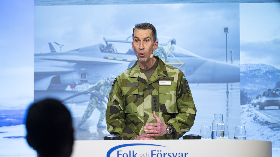 Överbefälhavare, ÖB, Micael Bydén under sitt föredrag vid Rikskonferensen Folk och Försvar i Sälen.
