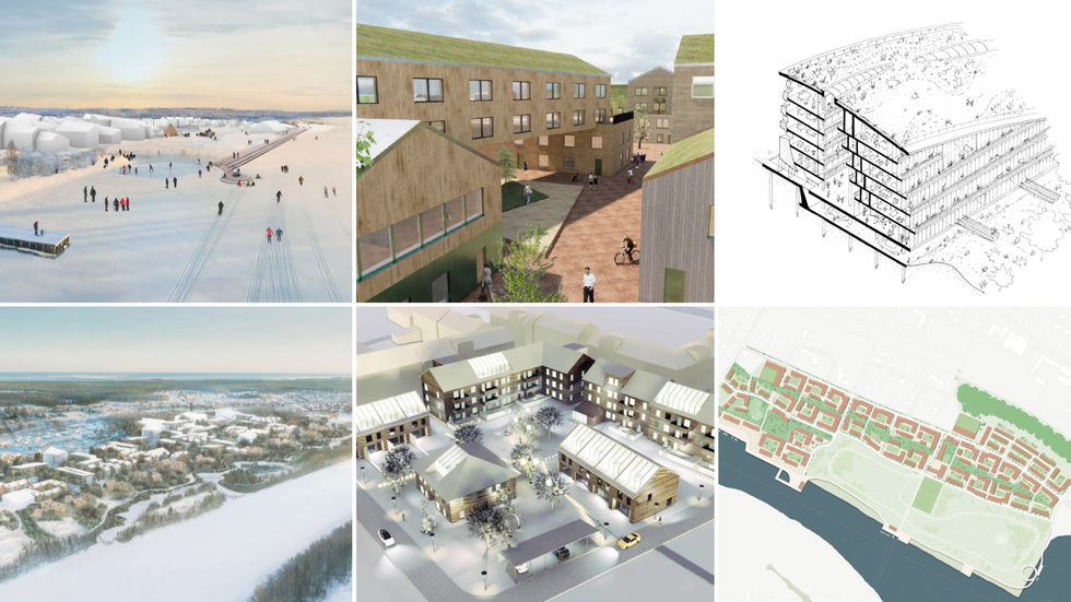 Six of the architectural proposals. Top row from left: Älvsia, Live by the Sawmill and Earthship. Bottom row from left: Influencerälv, Bruksbyn and Hej granne.