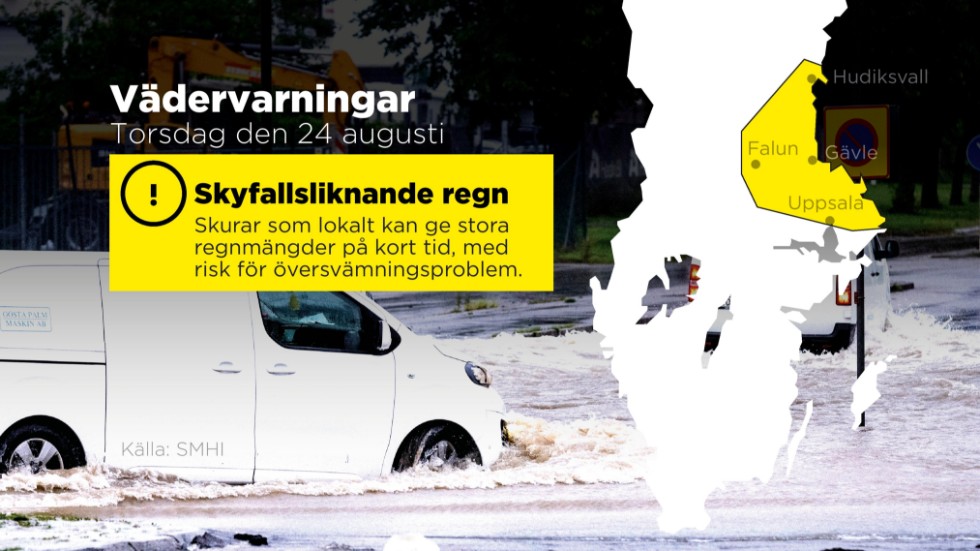 SMHI varnar för skyfallsliknande regn i delar av mellersta Sverige.