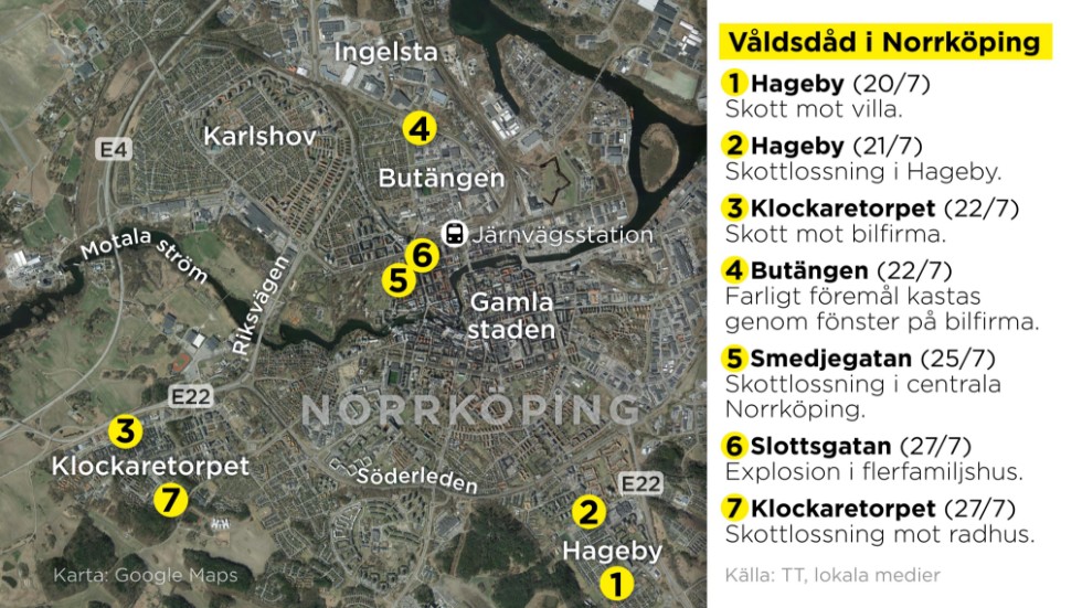 Kartan visar platserna för den senaste tidens våldsdåd i Norrköping.