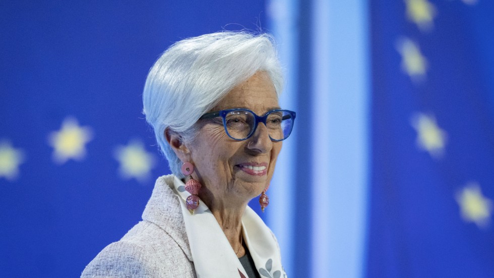 Europeiska centralbankschefen Christine Lagarde på presskonferensen i samband med torsdagens räntebesked.