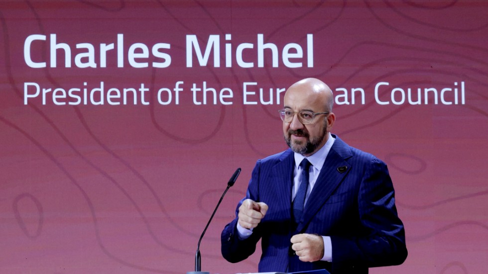 EU:s rådsordförande Charles Michel talar utvidgning vid ett möte i Slovenien.