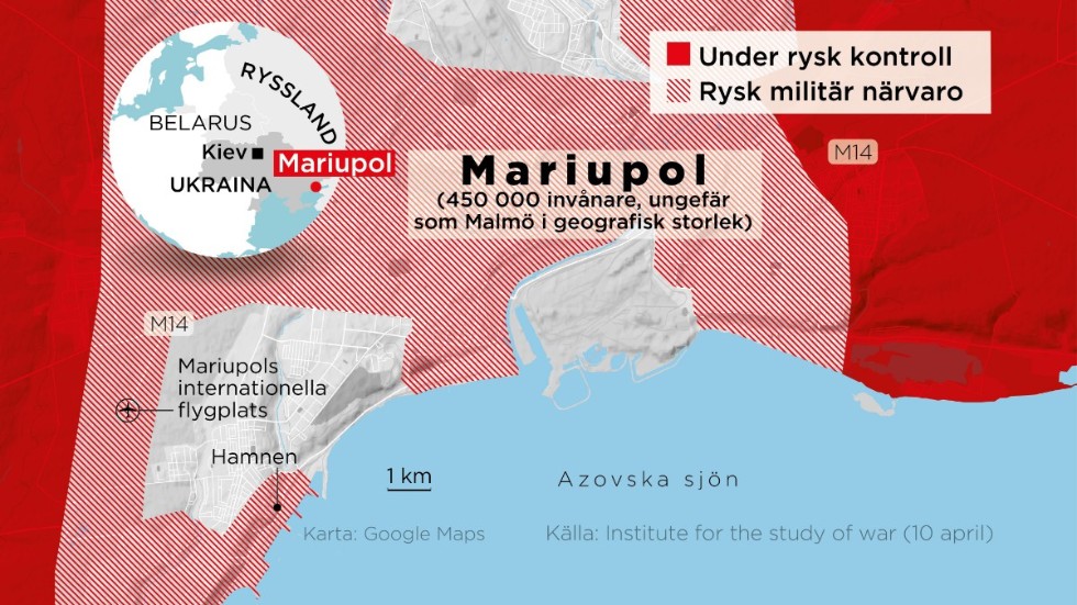 Områden under rysk kontroll samt områden med rysk militär närvaro, 24 februari–10 april.