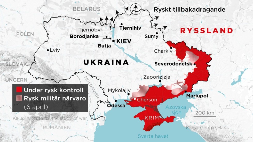 Områden under rysk kontroll samt områden med rysk militär närvaro, 24 februari–6 april.
