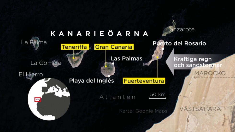Kraftiga regn och stormvindar i kombination med sandstormar från Sahara har drabbat Kanarieöarna de senaste dagarna.