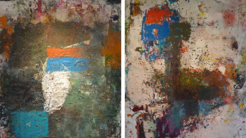 Oljemålningar av Jimmy Gustavsson, medlem i ALKA konstnärsförening. Till vänster: ”Utan titel”, oljemålning med massiva färgsjok. Måleriet nästan som kroppslig skulptur. Till höger: ”Monster”.