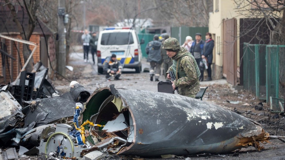 En ukrainsk soldat inspekterar ett nedskjutet flygplan i Kiev.