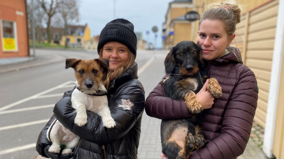 Ebba Lilja och Elsa Svensson, tillsammans med hundarna Meja och Anita.