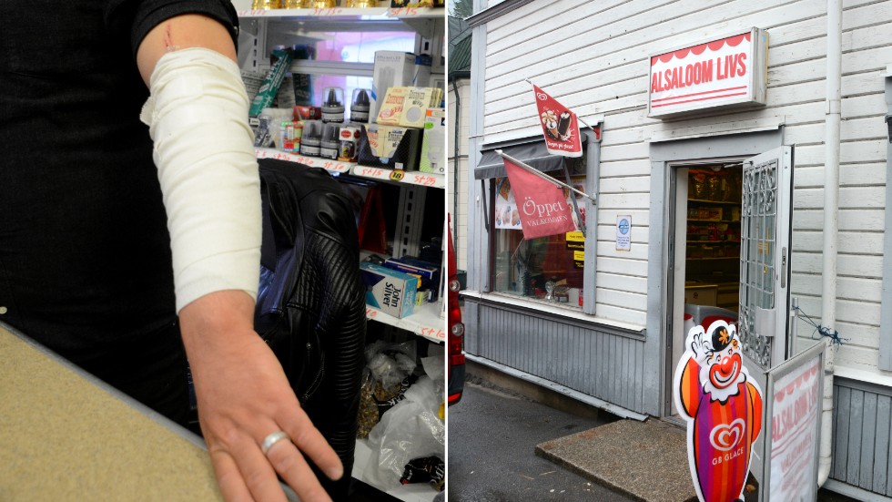 Butiksägaren Maher Alsaloom vill inte visa sitt ansikte i tidningen men visar här upp den bandagerade armen efter knivdådet.