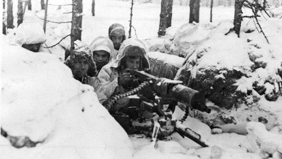 Finska soldater i ett kulsprutenäste under finska vinterkriget. Kriget pågick mellan 30 november 1939 och 13 mars 1940.