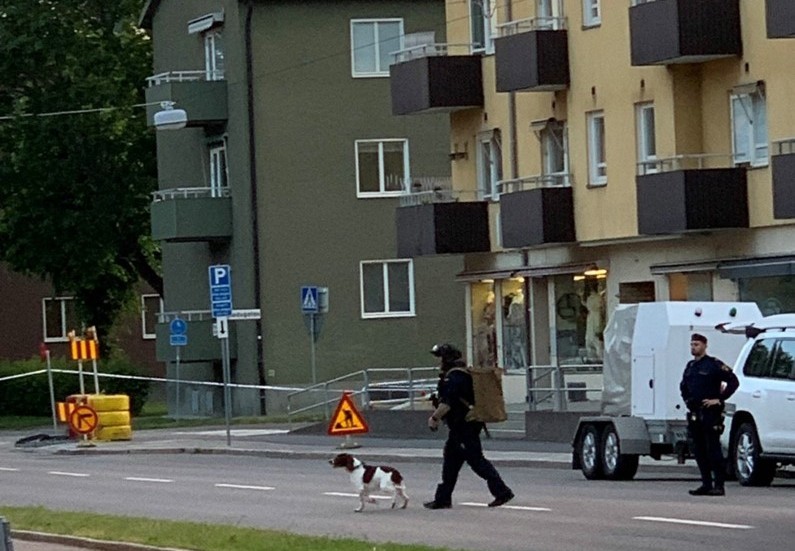 Person från bombgruppen på väg till det misstänkta föremålet tillsammans med en hund.