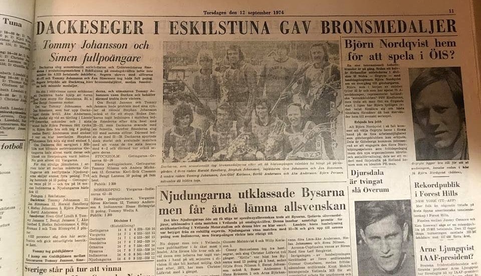 Ur Vimmerby TIdning den 12 september 1974. Dackarna snuvade Smederna på guld.