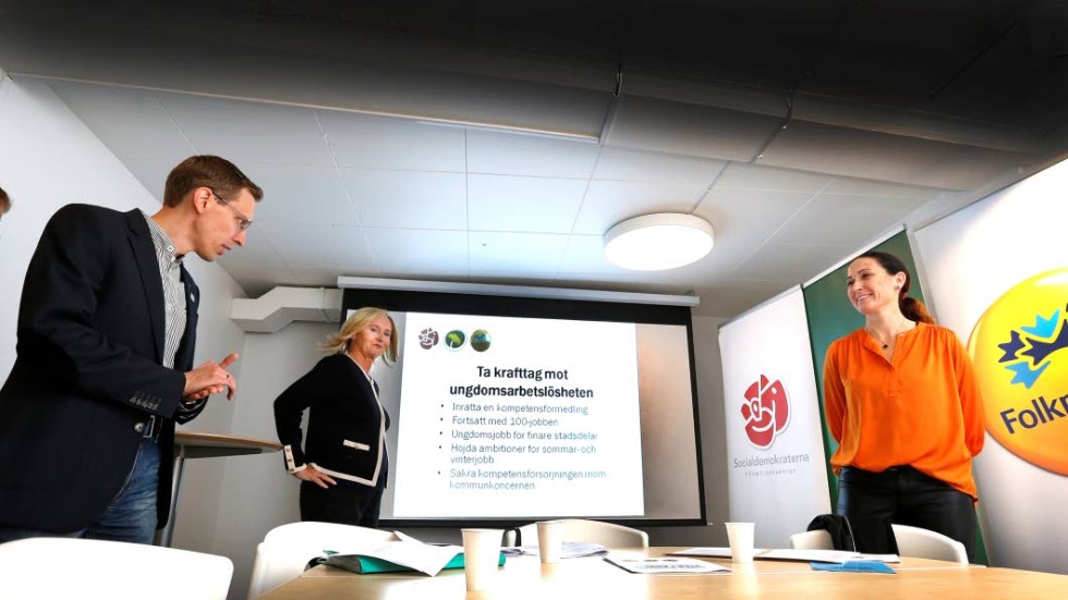 Nils Hillerbrand (MP), Lena Micko (S) och Rebecka Gabrielsson (FP) hoppas vill satsa på näringslivet i Linköping.