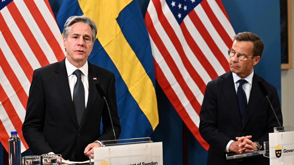 Statsminister Ulf Kristersson och USA:s utrikesminister Antony Blinken vid pressträffen i Luleå.