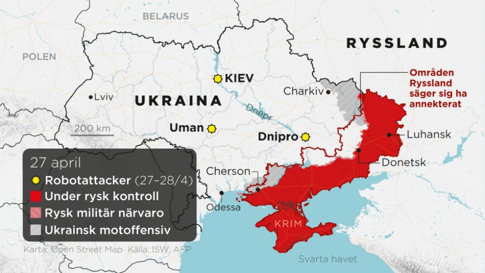 Områden under rysk kontroll, områden med rysk militär närvaro, ukrainska motoffensiver, robotattacker 27–28 april samt annekterade områden t o m den 27 april.