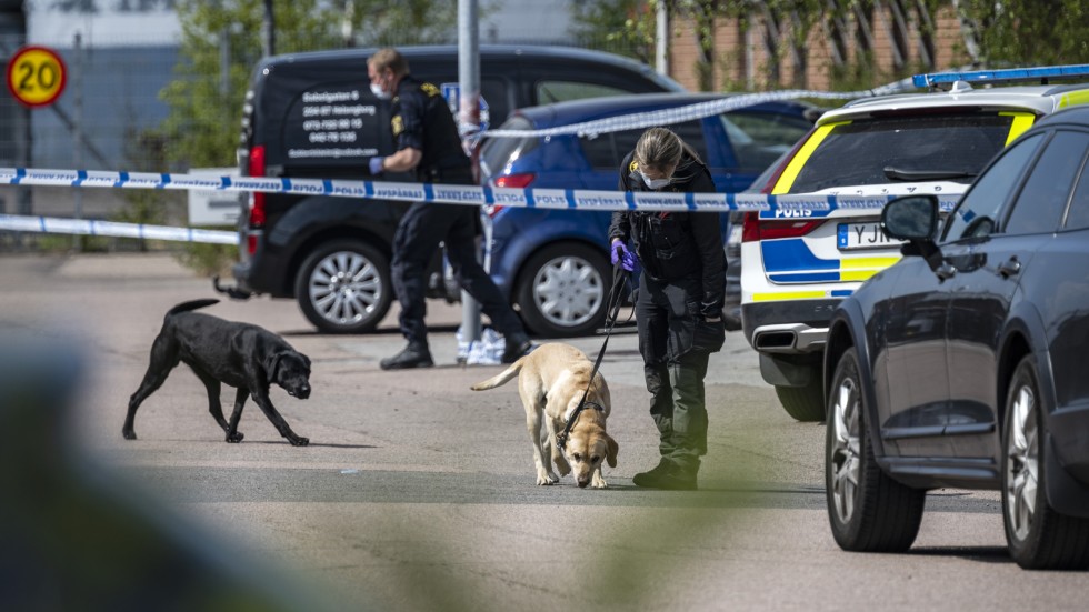 Polis, specialsökhundar med förare och kriminaltekniker på plats i Väla industriområde i Helsingborg efter att två män skadats vid en skottlossning.