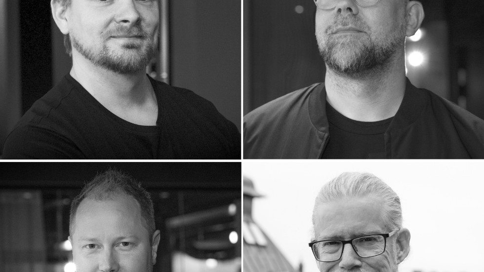 TTK Games grundare. Överst från vänster Daniel Berlin och Peter Hoyles, nedre raden från vänster Vidar Nygren, Lars Gustavsson. Pressbilder.