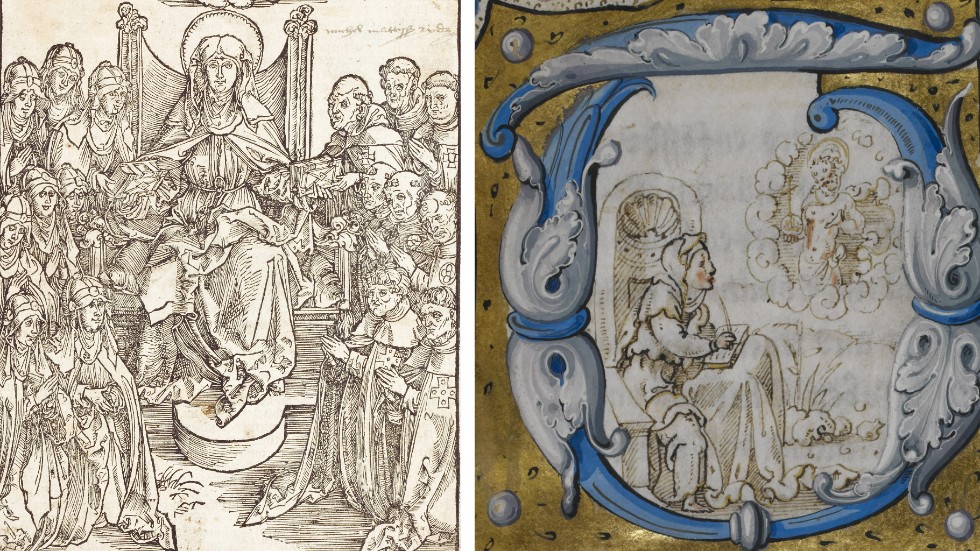 1. Illustration föreställande Heliga Birgitta från en utgåva av "Himmelska uppenbarelser" från år 1500. 2. "Den heliga Birgittas uppenbarelse", engelsk miniatyrmålning från 1530.