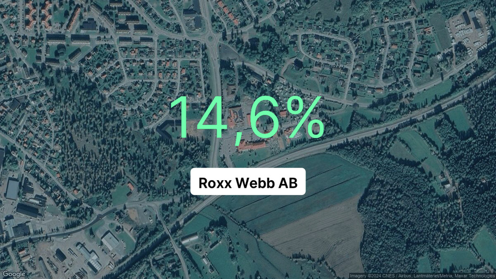 Illustrationen visar rörelsemarginalen för Roxx Webb för det senaste året. Bakgrunden är en satellitbild över företagets adress.