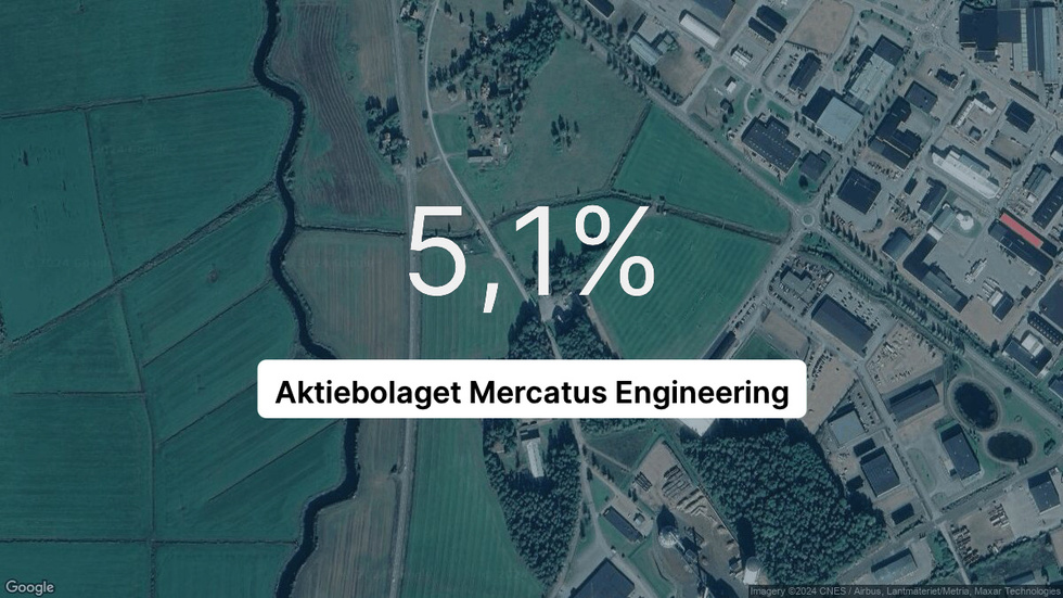 Illustrationen visar rörelsemarginalen för Mercatus Engineering för det senaste året. Bakgrunden är en satellitbild över företagets adress.