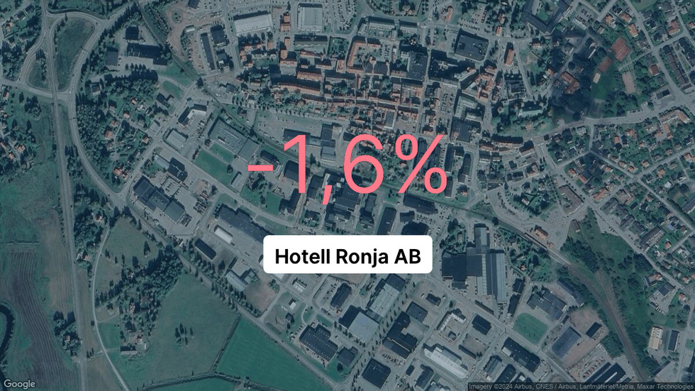 Illustrationen visar rörelsemarginalen för Hotell Ronja för det senaste året. Bakgrunden är en satellitbild över företagets adress.