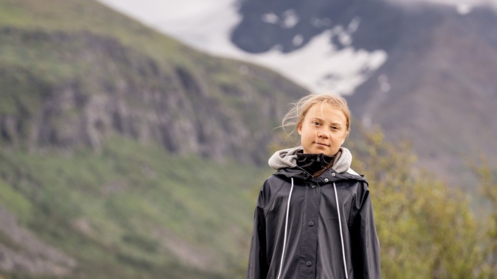 Greta Thunberg vid fjället Áhkká i världsarvet Laponia. 