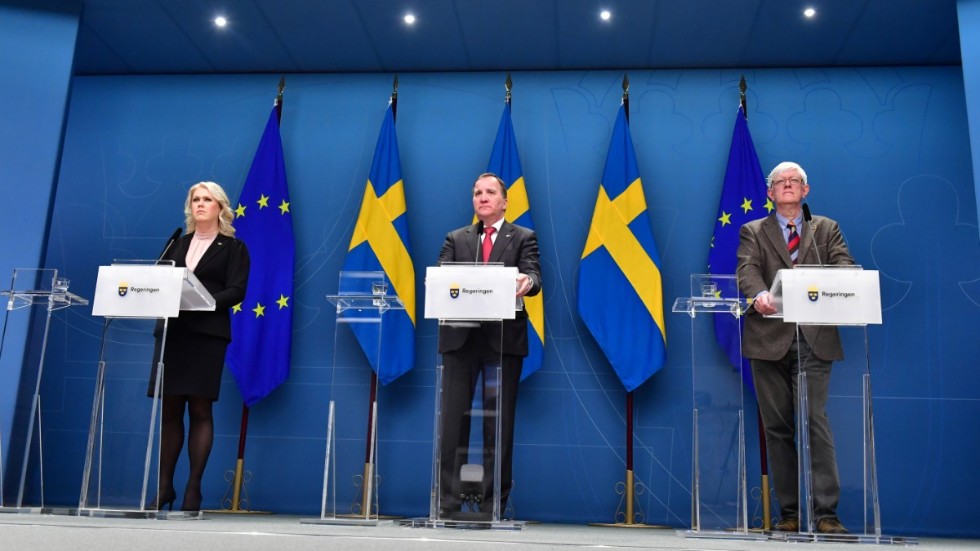 Socialminister Lena Hallengren, statsminister Stefan Löfven och Folkhälsomyndighetens generaldirektör Johan Carlson medverkade under torsdagens pressträff om coronaläget.