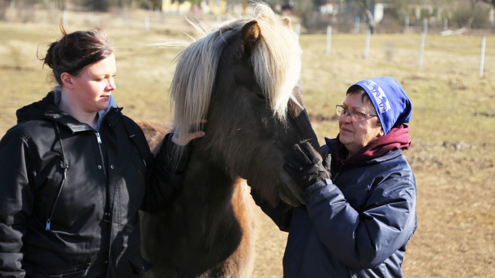 Monica Öhman hjälper Irma Hallviden med hästarna och ridningen på gården. 