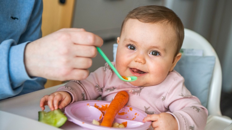 Valentina Olin, drygt 8 månader, äter de flesta frukt- och grönsakspuréerna hon får smaka, enligt pappa Oscar Olin.