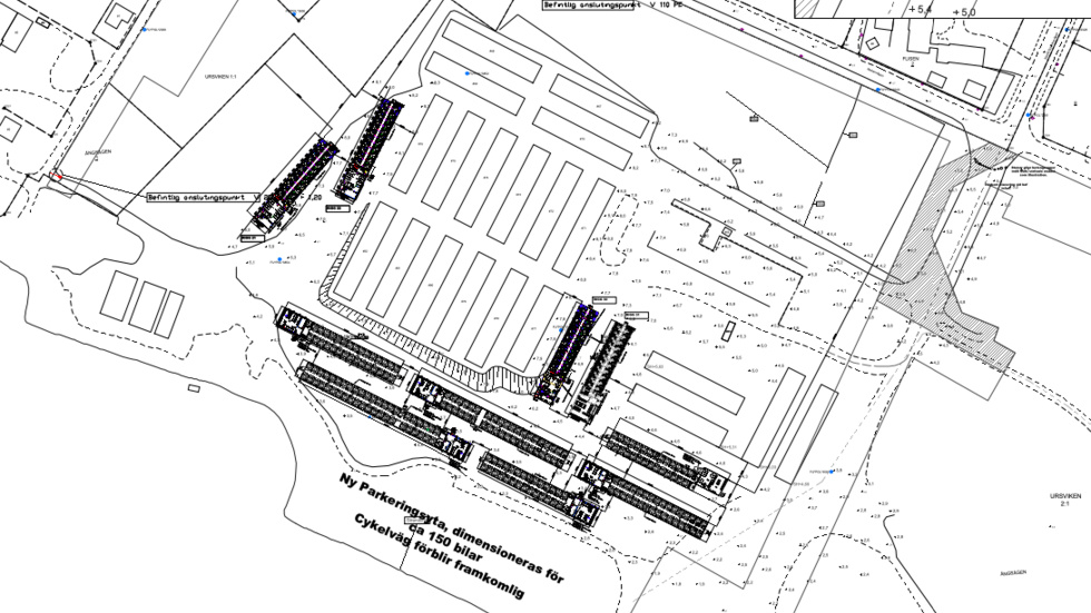 In this picture from the building permit application, the new blocks at Ursviken are in black.