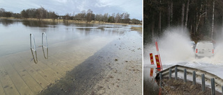 Badbrygga under vatten – och väg översvämmad