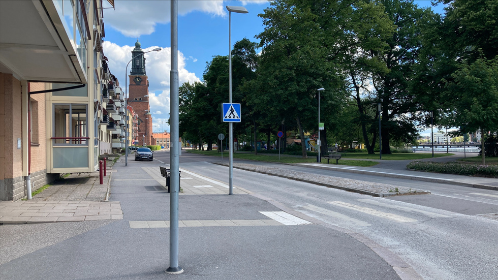 Skribenten vill se farthinder på den här sträckan av Strandgatan i Eskilstuna. Bland träden till höger ligger en av stans största lekplatser.