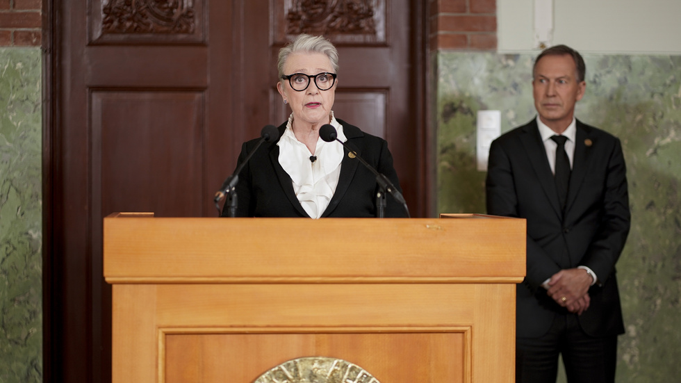 Berit Reiss-Andersen, ordförande för den norska Nobelkommittén, när hon meddelade fjolårets fredspristagare. Arkivbild.