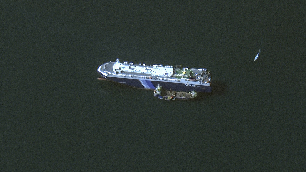 Satellitbild på fartyget Galaxy Leader som kapats av Huthirebeller. Arkivbild.