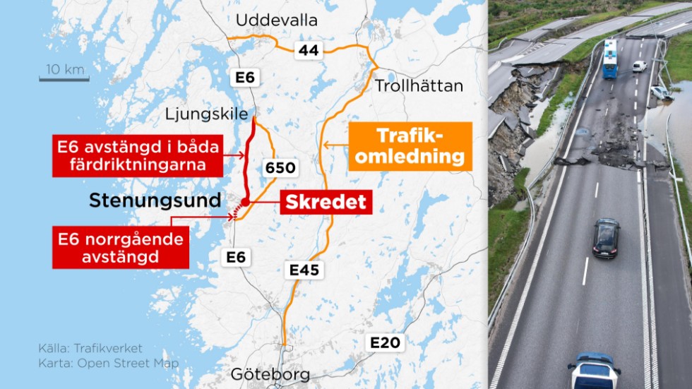 Kartan visar omledning av trafik på E6 efter avstängningen av europavägen mellan Stenungsund och Ljungskile.