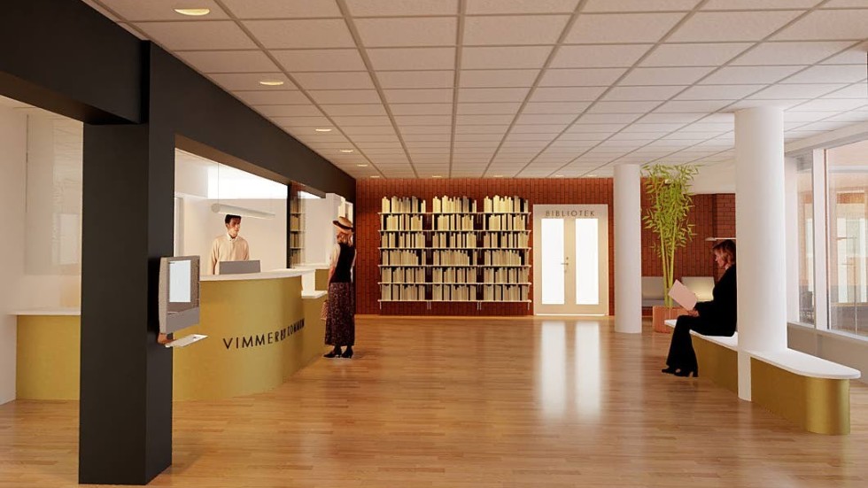 En illustration som visar den nya entrén med receptionen till vänster och entrén till biblioteket rakt fram.