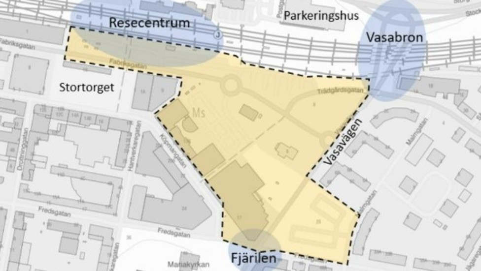 I det gulmarkerade området vill kommunen förtäta centrum.