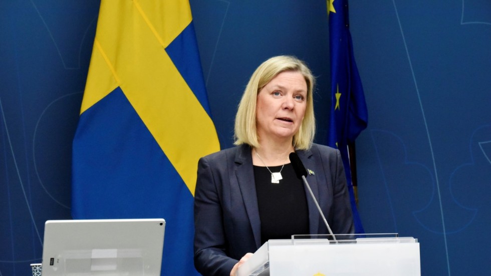 Statsminister Magdalena Andersson (S) under måndagens presskonferens.