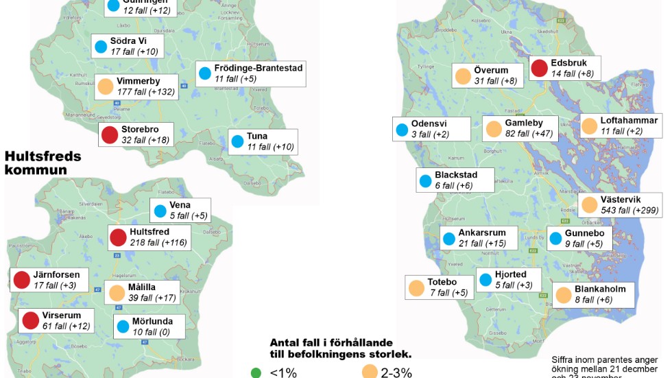 Kartan visar antalet fall i ett antal tätorter i norra Kalmar län.