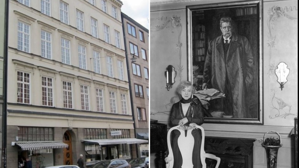 På bilden till vänster syns Brantingska huset på Nortullsgatan i Stockholm. På bilden till höger syns Anna Branting (fru till Hjalmar Branting) i hemmet 1930. 