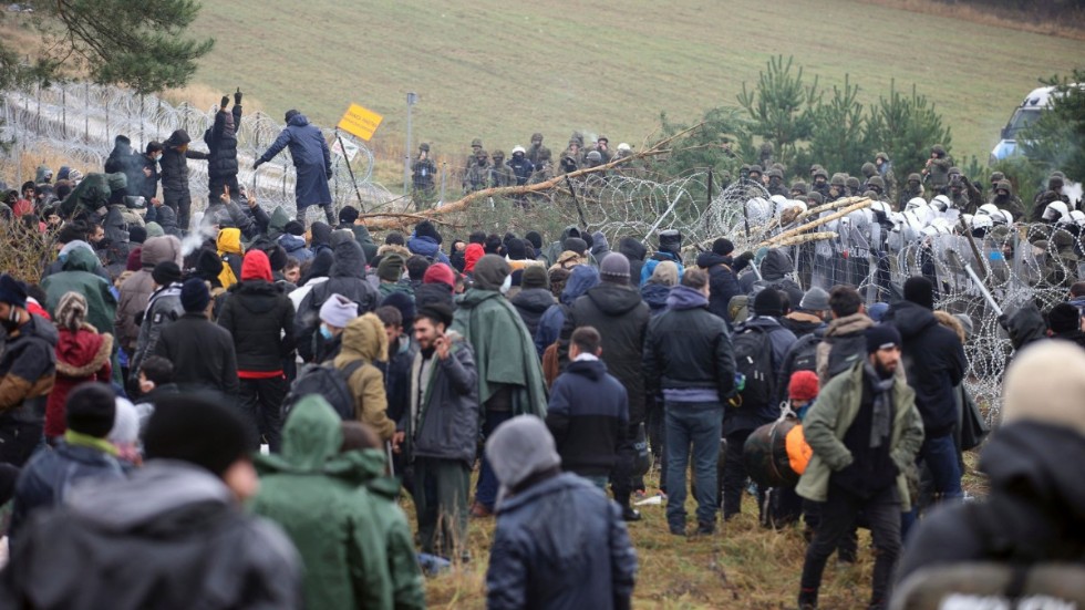 Migranter försöker ta sig över den belarusiska gränsen till Polen.
