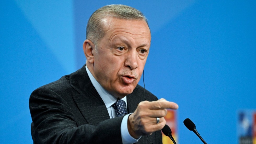Turkiets president Recep Tayyip Erdogan när han talade under Natomötets sista dag den 30 juni.