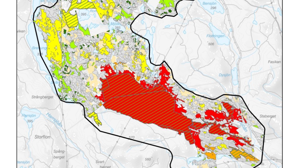 Heatmap över äldre barrskog inom värdekärna för skog på SCA:s marker i Medelpad. Röda områden är av stor betydelse för den biologiska mångfalden.