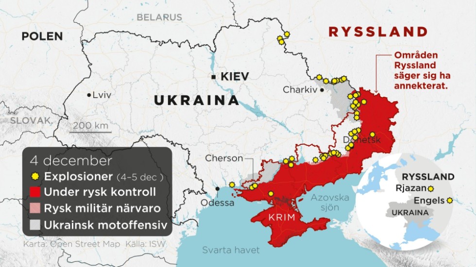 Områden under rysk kontroll, områden med rysk militär närvaro, ukrainska motoffensiver, annekterade områden samt explosioner det senaste dygnet.