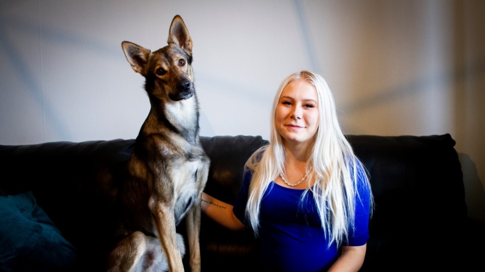 Hunden Aston och Saga Bergstedt i lägenheten på Furunäset.
