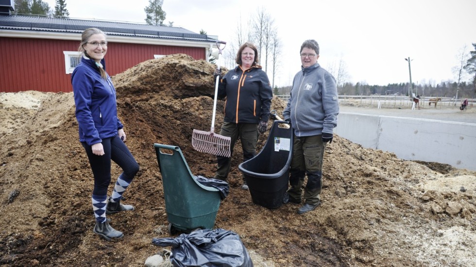 Anett Ferdinandsson, Viktoria Markgren och Stina Lundström på gödselstacken vid Kågedalens ryttarförening.